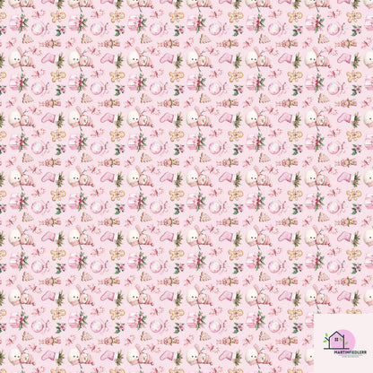 Pink Christmas Wrapping Paper: Snowman & Gingerbread Design