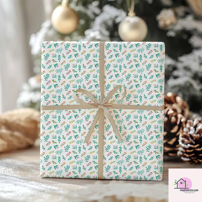 Botanical Christmas Wrapping Paper, Green Leaf Berry Holiday Gift Wrap Sheets, Festive Xmas Botanical Packaging, Winter Party Gift Wrap