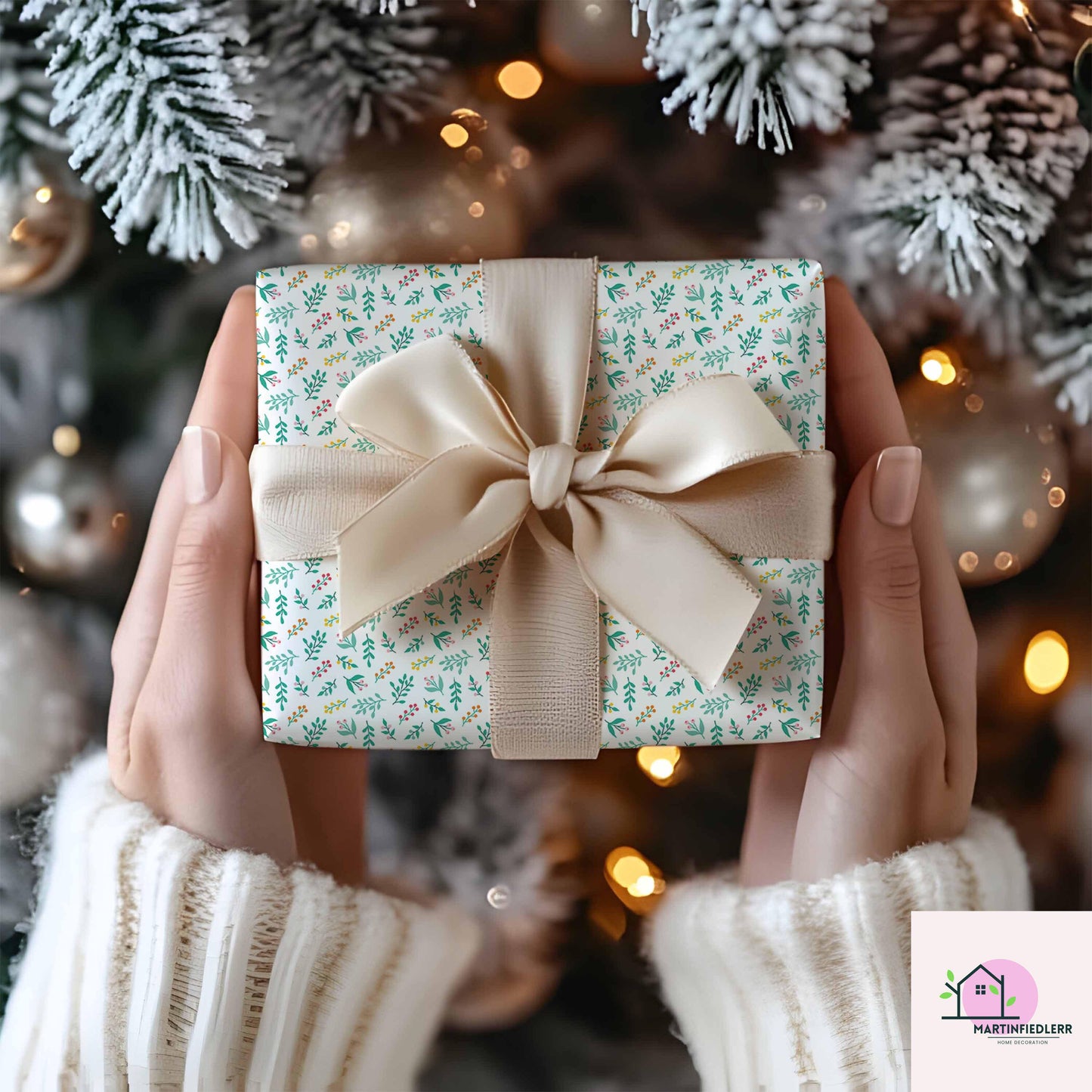 Botanical Christmas Wrapping Paper, Green Leaf Berry Holiday Gift Wrap Sheets, Festive Xmas Botanical Packaging, Winter Party Gift Wrap