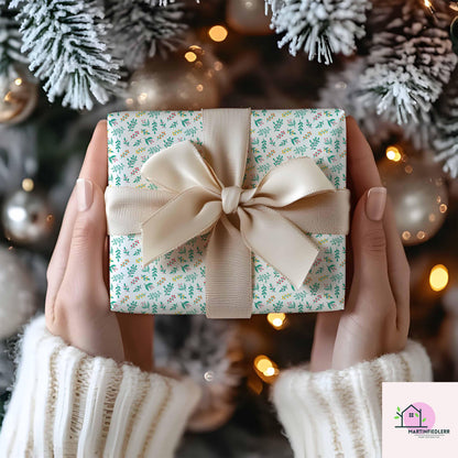 Botanical Christmas Wrapping Paper, Green Leaf Berry Holiday Gift Wrap Sheets, Festive Xmas Botanical Packaging, Winter Party Gift Wrap