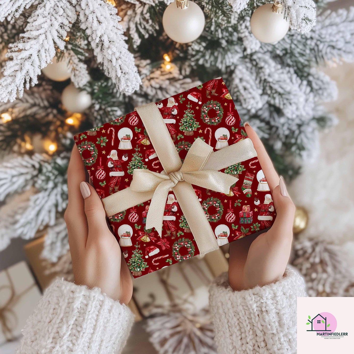 Santa Claus Christmas Wrapping Paper, Red Holiday Gift Wrap Sheets with Wreath Tree and Stockings, Festive Xmas Party Gift Packaging