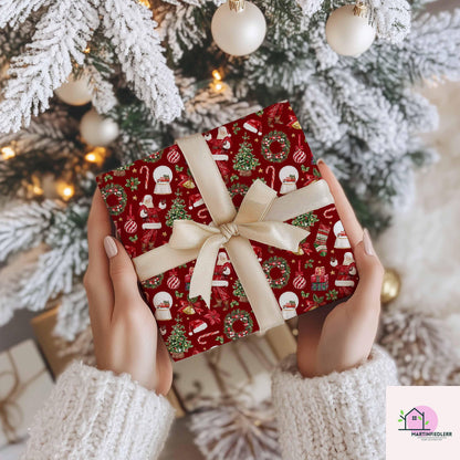 Santa Claus Christmas Wrapping Paper, Red Holiday Gift Wrap Sheets with Wreath Tree and Stockings, Festive Xmas Party Gift Packaging