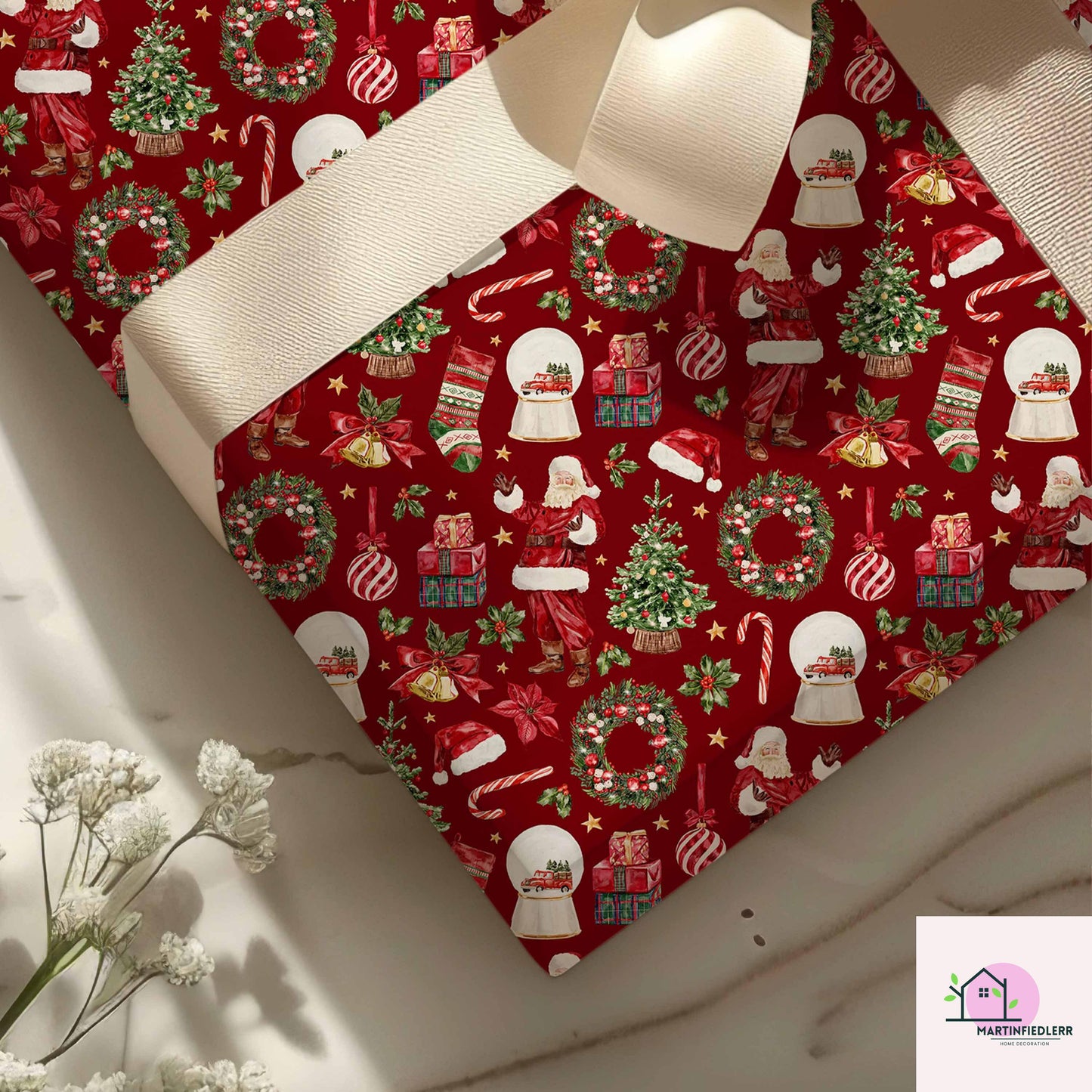 Santa Claus Christmas Wrapping Paper, Red Holiday Gift Wrap Sheets with Wreath Tree and Stockings, Festive Xmas Party Gift Packaging