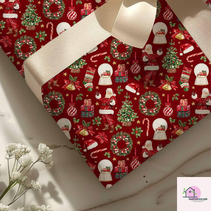 Santa Claus Christmas Wrapping Paper, Red Holiday Gift Wrap Sheets with Wreath Tree and Stockings, Festive Xmas Party Gift Packaging