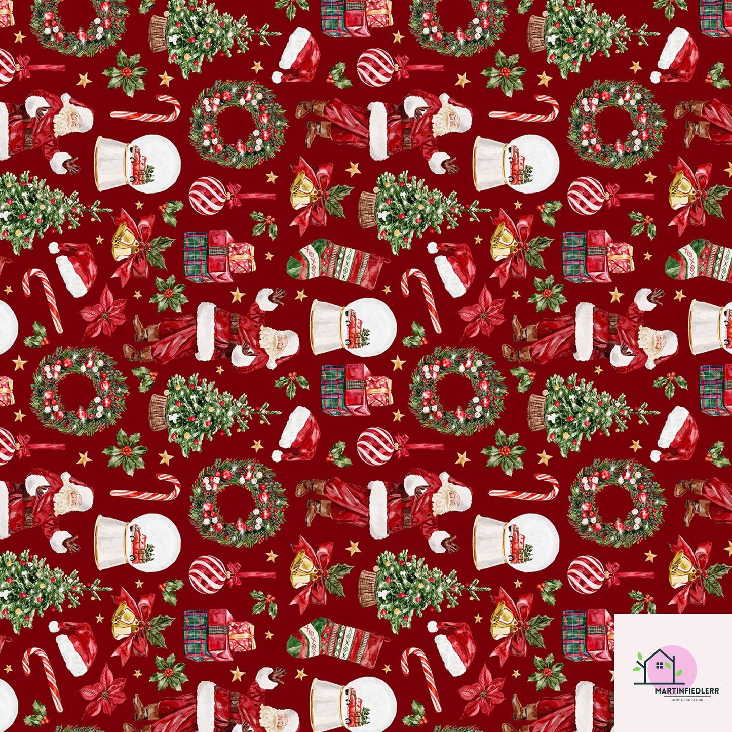 Santa Claus Christmas Wrapping Paper, Red Holiday Gift Wrap Sheets with Wreath Tree and Stockings, Festive Xmas Party Gift Packaging