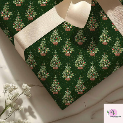 Green Christmas Wrapping Paper: Vintage Tree in Basket Design