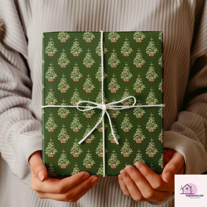 Green Christmas Wrapping Paper: Vintage Tree in Basket Design