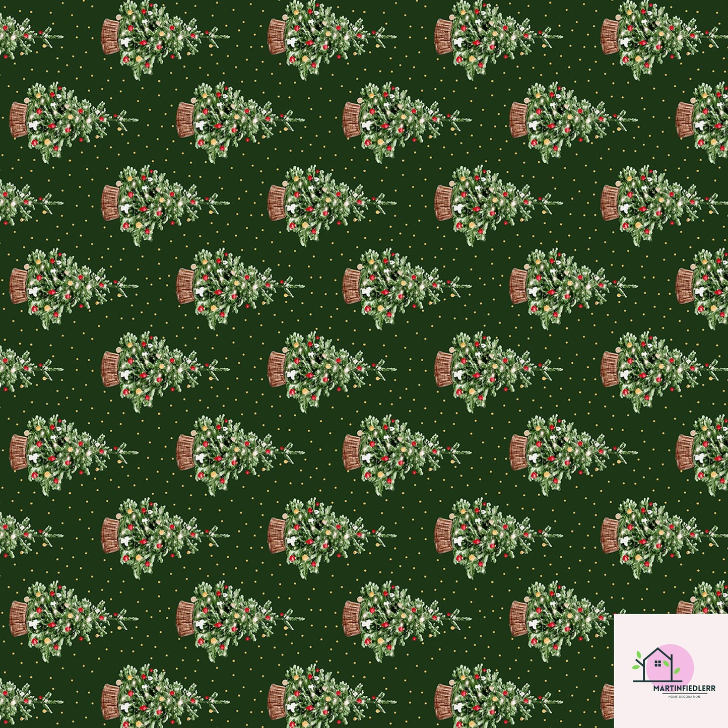 Green Christmas Wrapping Paper: Vintage Tree in Basket Design
