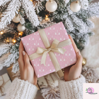 Pink Christmas Wrapping Paper, White Snowy Tree Holiday Gift Wrap Sheets, Cute Pastel Xmas Packaging for Winter Party, Festive Gift Wrap