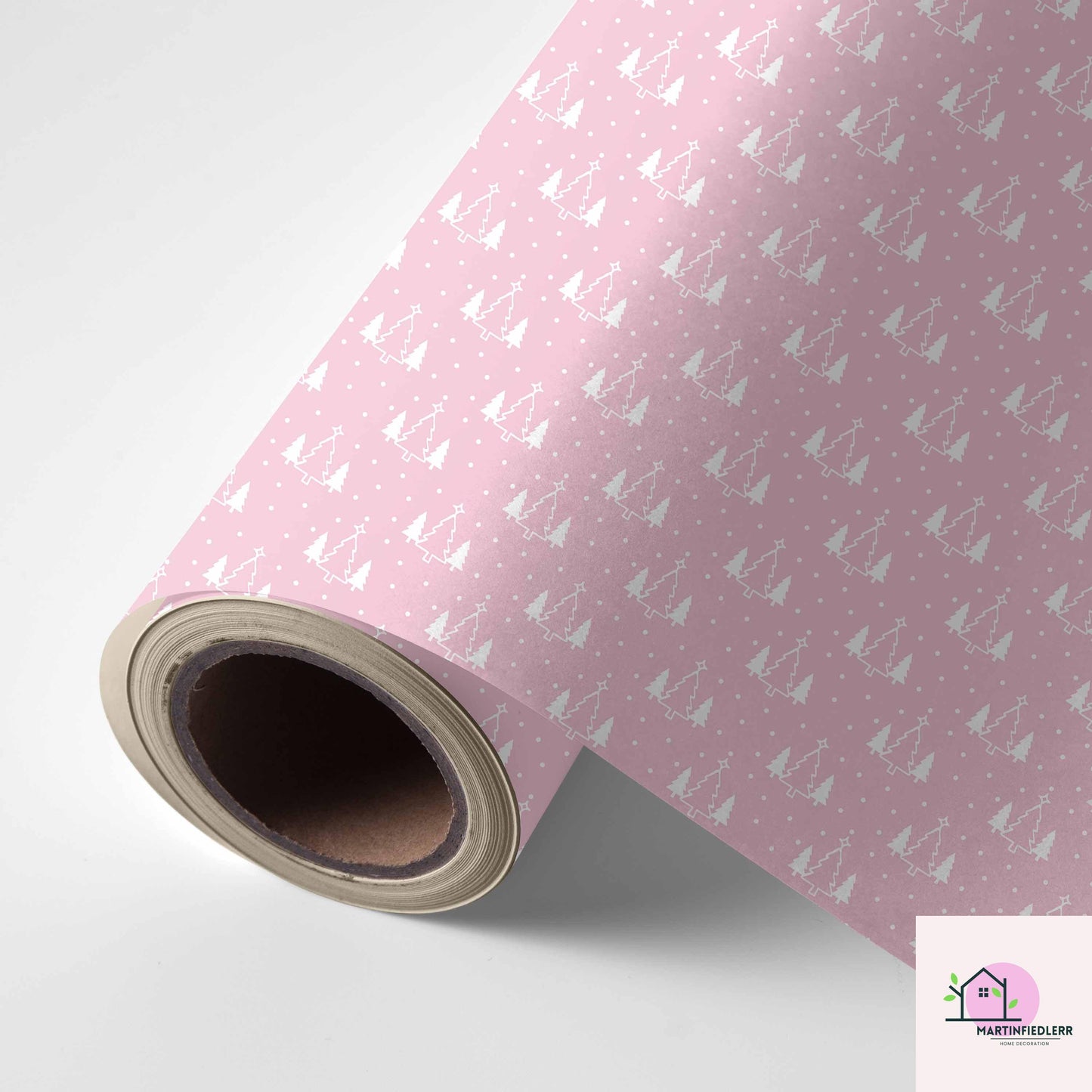 Pink Christmas Wrapping Paper, White Snowy Tree Holiday Gift Wrap Sheets, Cute Pastel Xmas Packaging for Winter Party, Festive Gift Wrap