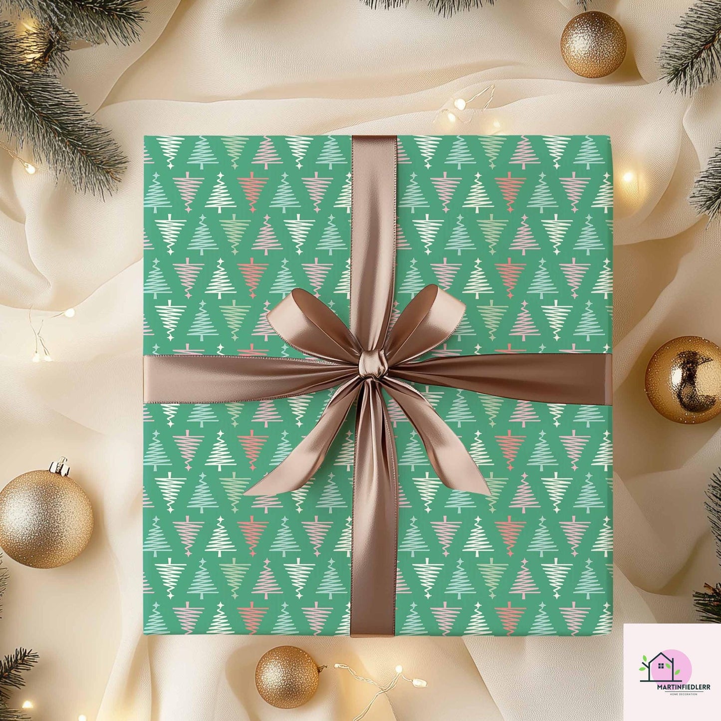 Geometric Christmas Wrapping Paper, Green Tree Holiday Gift Wrap Sheets, Modern Festive Xmas Packaging for Winter Party, Colorful Gift Wrap