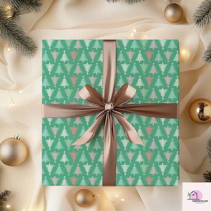 Geometric Christmas Wrapping Paper, Green Tree Holiday Gift Wrap Sheets, Modern Festive Xmas Packaging for Winter Party, Colorful Gift Wrap