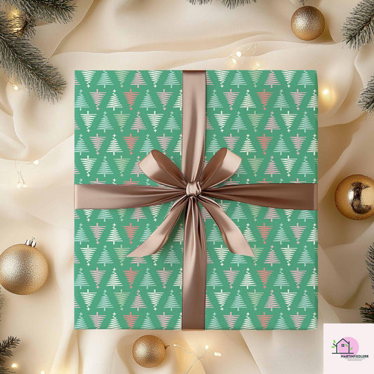 Geometric Christmas Wrapping Paper, Green Tree Holiday Gift Wrap Sheets, Modern Festive Xmas Packaging for Winter Party, Colorful Gift Wrap