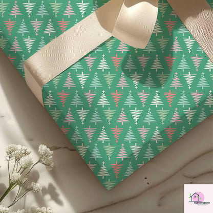 Geometric Christmas Wrapping Paper, Green Tree Holiday Gift Wrap Sheets, Modern Festive Xmas Packaging for Winter Party, Colorful Gift Wrap