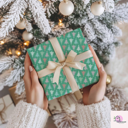 Geometric Christmas Wrapping Paper, Green Tree Holiday Gift Wrap Sheets, Modern Festive Xmas Packaging for Winter Party, Colorful Gift Wrap