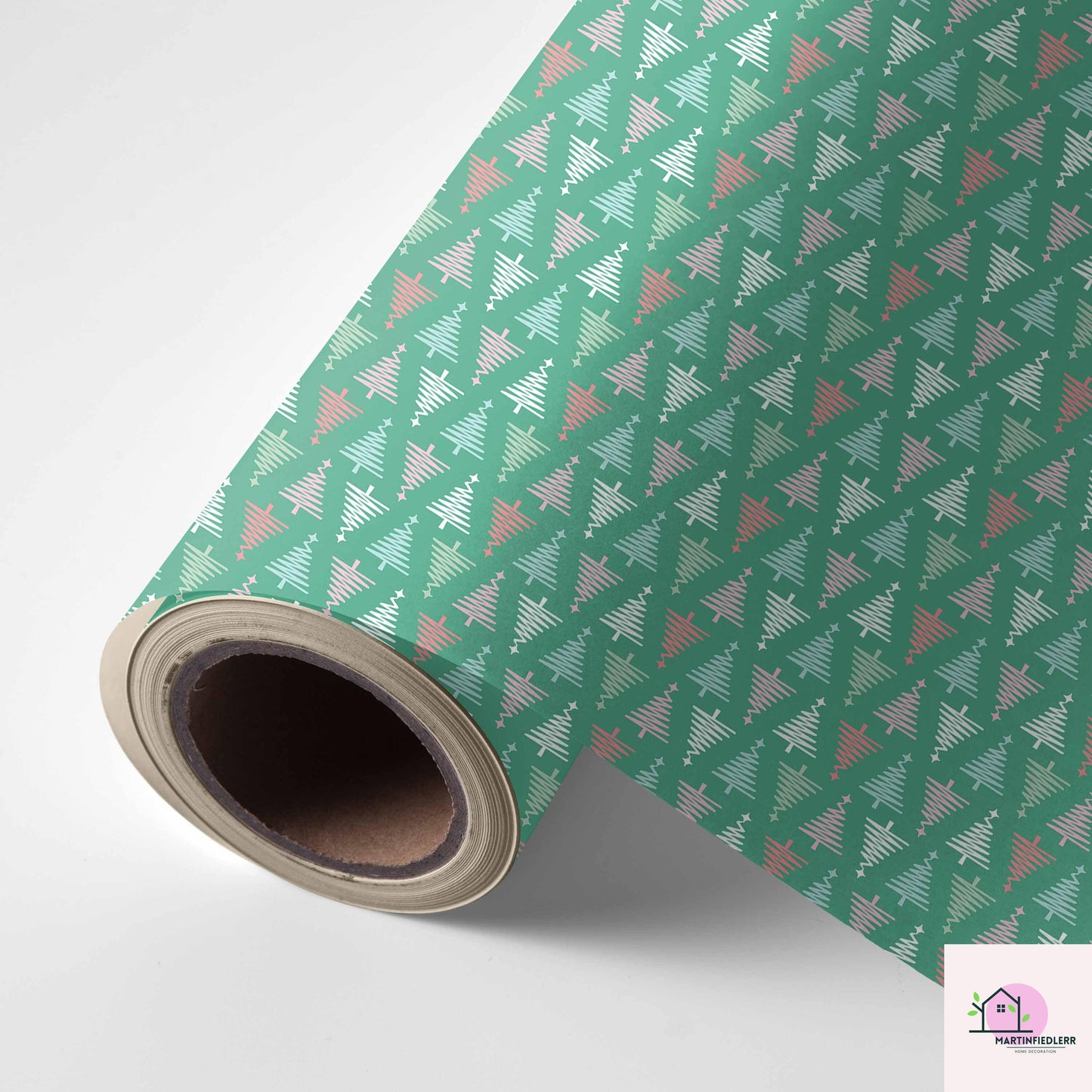 Geometric Christmas Wrapping Paper, Green Tree Holiday Gift Wrap Sheets, Modern Festive Xmas Packaging for Winter Party, Colorful Gift Wrap