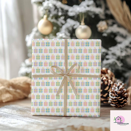 Pastel Christmas Wrapping Paper: Colorful Gift Box Holiday Design