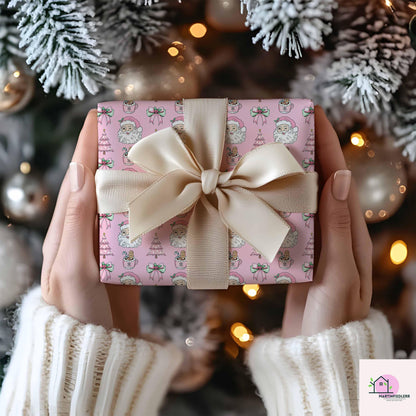 Pink Santa Christmas Wrapping Paper, Holiday Gift Wrap Sheets with Gingerbread Tree and Bow, Festive Xmas Packaging for Kids Birthday Party