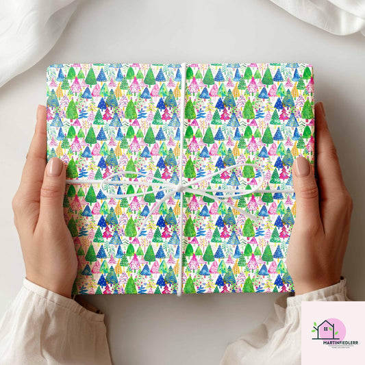 Colorful Christmas Tree Wrapping Paper, Bright Holiday Gift Wrap Sheets, Festive Xmas Tree Packaging, Multicolor Party Celebration Gift Wrap