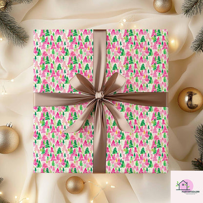 Pink Green Tree Christmas Wrapping Paper, Watercolor Holiday Gift Wrap Sheets, Festive Xmas Forest Packaging, Cute Winter Party Gift Wrap