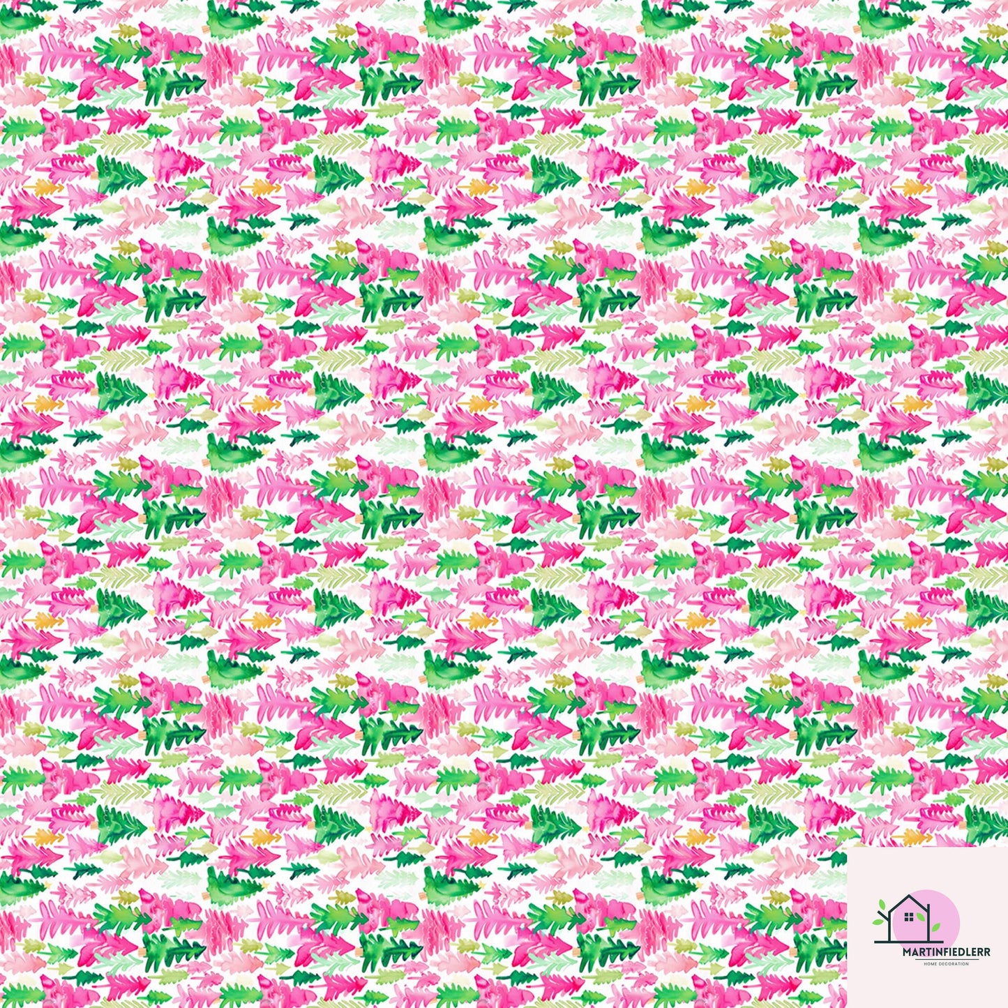 Pink Green Tree Christmas Wrapping Paper, Watercolor Holiday Gift Wrap Sheets, Festive Xmas Forest Packaging, Cute Winter Party Gift Wrap