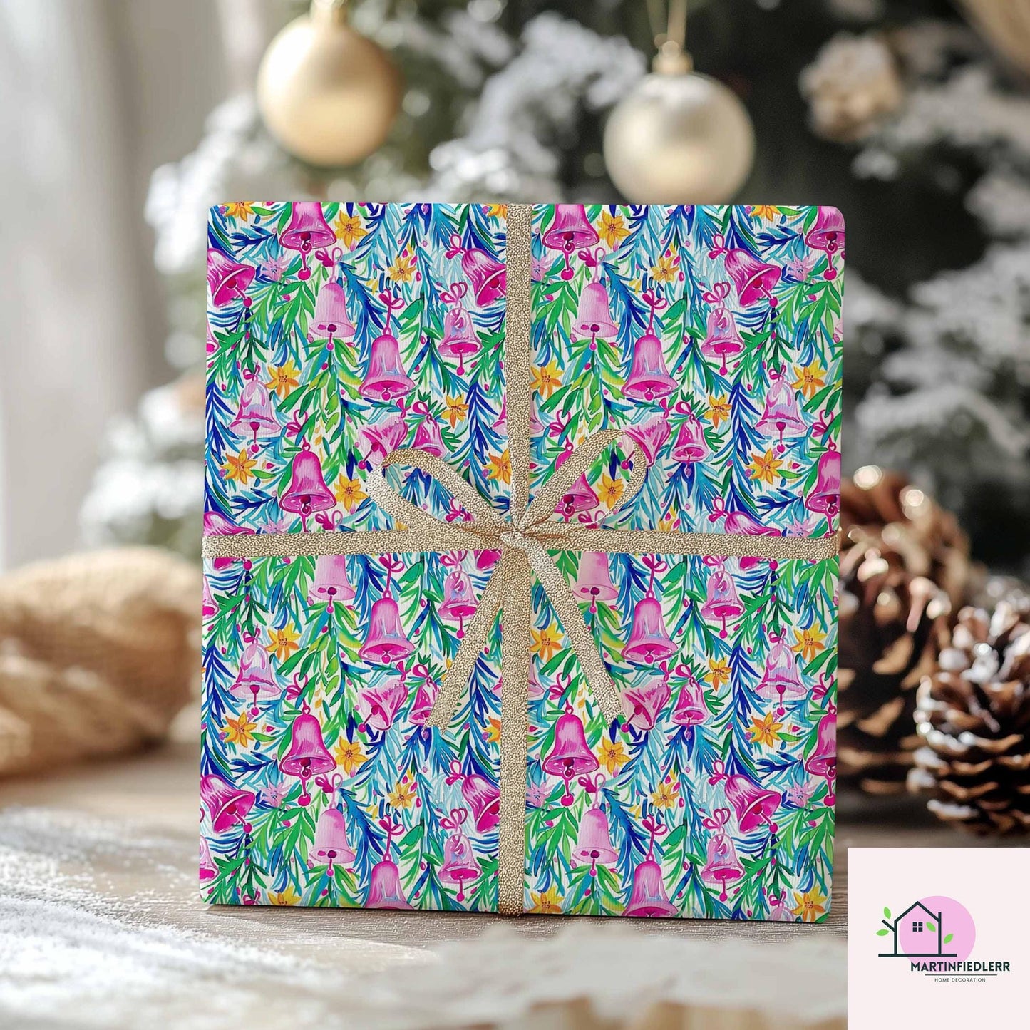 Pink Bell Christmas Wrapping Paper, Festive Holiday Gift Wrap Sheets with Green Leaves, Watercolor Xmas Bells Packaging, Winter Gift Wrap