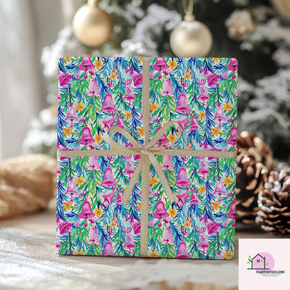 Pink Bell Christmas Wrapping Paper, Festive Holiday Gift Wrap Sheets with Green Leaves, Watercolor Xmas Bells Packaging, Winter Gift Wrap