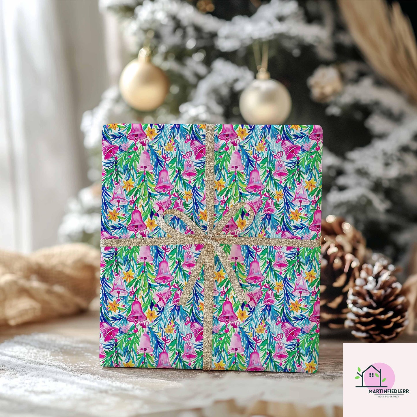 Pink Bell Christmas Wrapping Paper, Festive Holiday Gift Wrap Sheets with Green Leaves, Watercolor Xmas Bells Packaging, Winter Gift Wrap