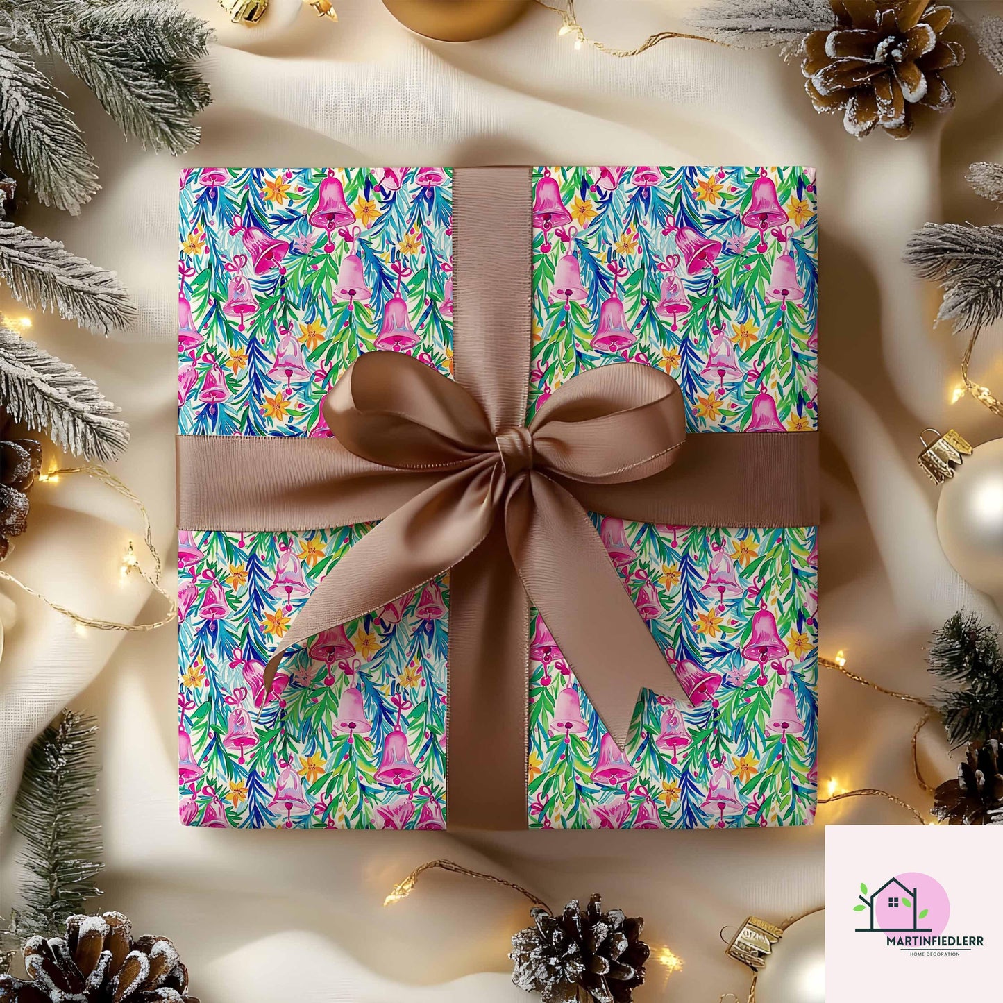 Pink Bell Christmas Wrapping Paper, Festive Holiday Gift Wrap Sheets with Green Leaves, Watercolor Xmas Bells Packaging, Winter Gift Wrap