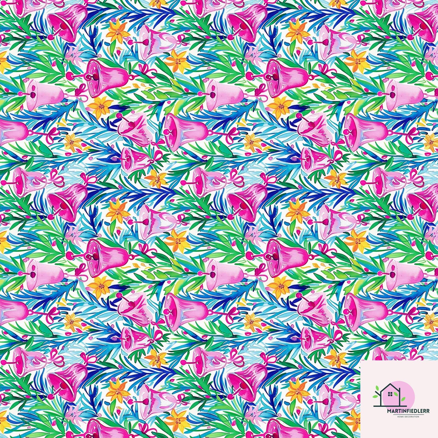 Pink Bell Christmas Wrapping Paper, Festive Holiday Gift Wrap Sheets with Green Leaves, Watercolor Xmas Bells Packaging, Winter Gift Wrap