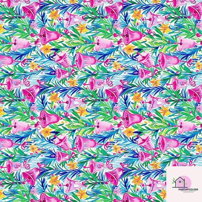 Pink Bell Christmas Wrapping Paper, Festive Holiday Gift Wrap Sheets with Green Leaves, Watercolor Xmas Bells Packaging, Winter Gift Wrap