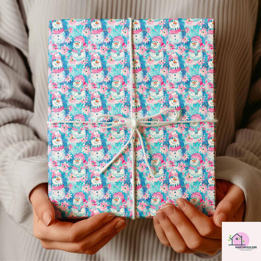 Snowman Christmas Wrapping Paper, Cute Pink Blue Holiday Gift Wrap Sheets, Festive Winter Wonderland Xmas Packaging, Seasonal Gift Wrap