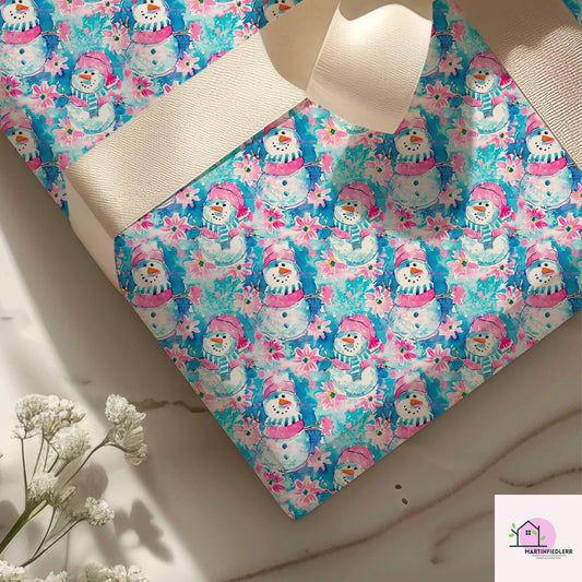 Snowman Christmas Wrapping Paper, Cute Pink Blue Holiday Gift Wrap Sheets, Festive Winter Wonderland Xmas Packaging, Seasonal Gift Wrap
