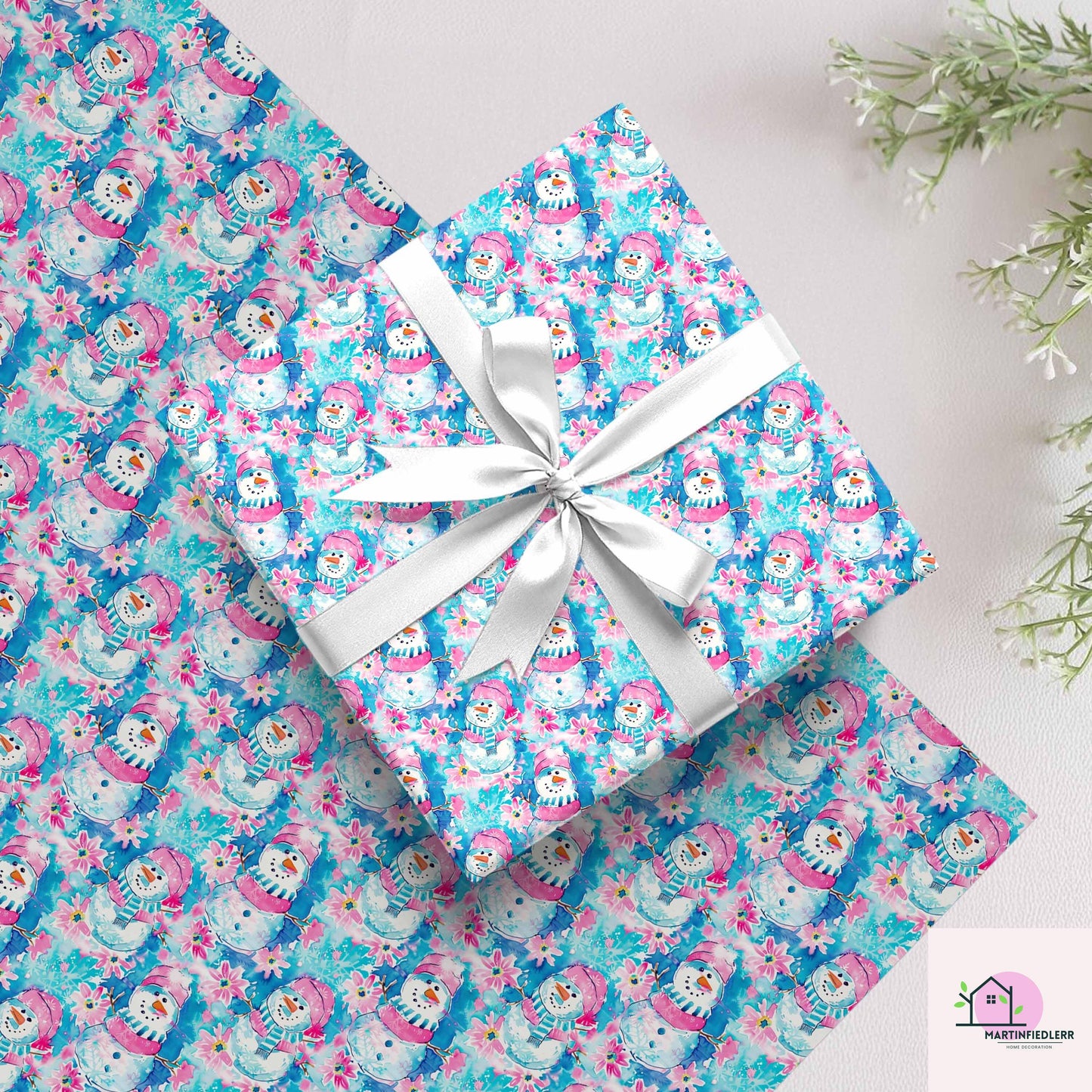 Snowman Christmas Wrapping Paper, Cute Pink Blue Holiday Gift Wrap Sheets, Festive Winter Wonderland Xmas Packaging, Seasonal Gift Wrap