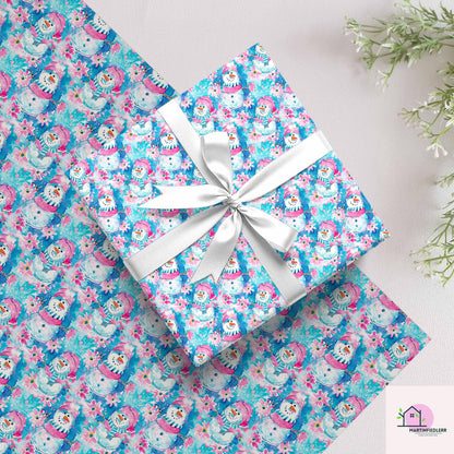 Snowman Christmas Wrapping Paper, Cute Pink Blue Holiday Gift Wrap Sheets, Festive Winter Wonderland Xmas Packaging, Seasonal Gift Wrap