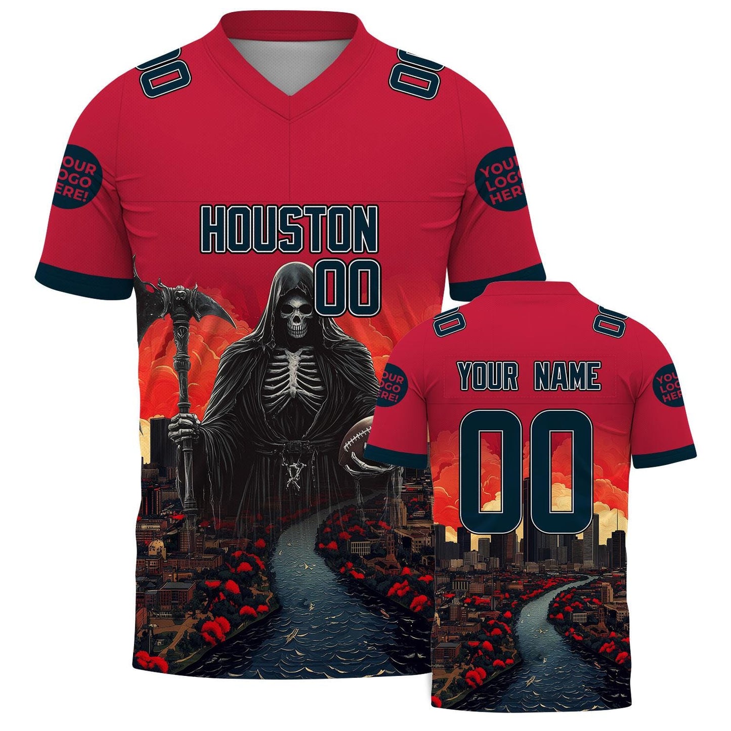 Custom Houston Red Football Jersey Kid Adult, Custom Red Black Halloween Football Jersey Name Number Logo State College Jersey Skull Gift