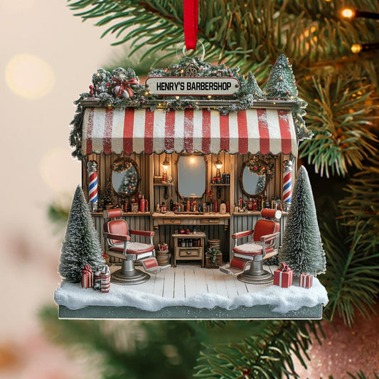 Personalized Barber Shop Xmas Ornament, Hair Salon 2D Ornament, Christmas Barber Keepsake, Barber Salon Decor, Gift For Barbershop Decor