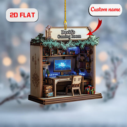 Custom Gaming Room Ornament 2D Flat, Personalized Gamer Christmas Ornament, Acrylic Ornament Gift for PC Gamers, Video Game Holiday Decor