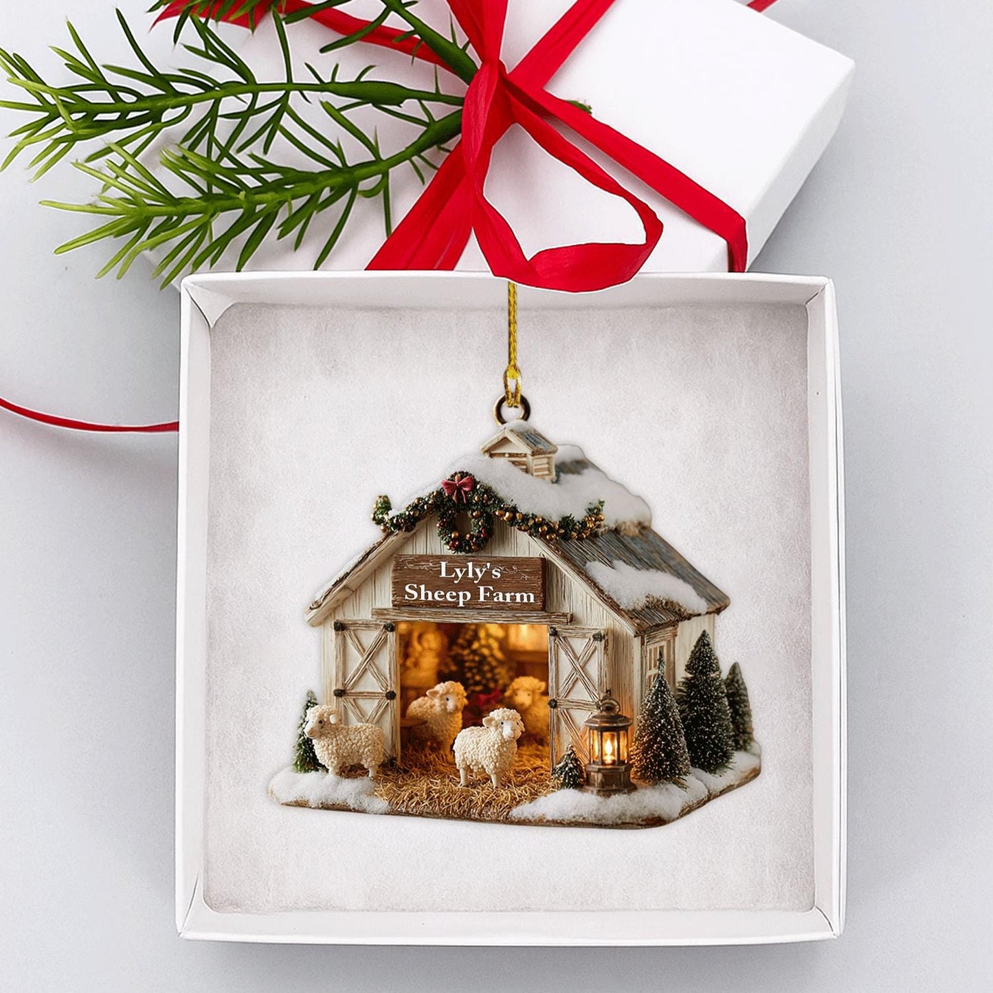 Personalized Sheep Farm Ornament 2025, Custom Barn Christmas Decoration – Farm Animal Lover Gift – Rustic Holiday Keepsake, 2D flat ornament