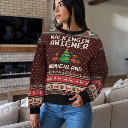 Walking in a Wiener Wonderland Ugly Christmas Sweater, Funny Dachshund Sausage Dog Sweatshirt, Cute Wiener Dog Xmas Gift for Dog Lovers