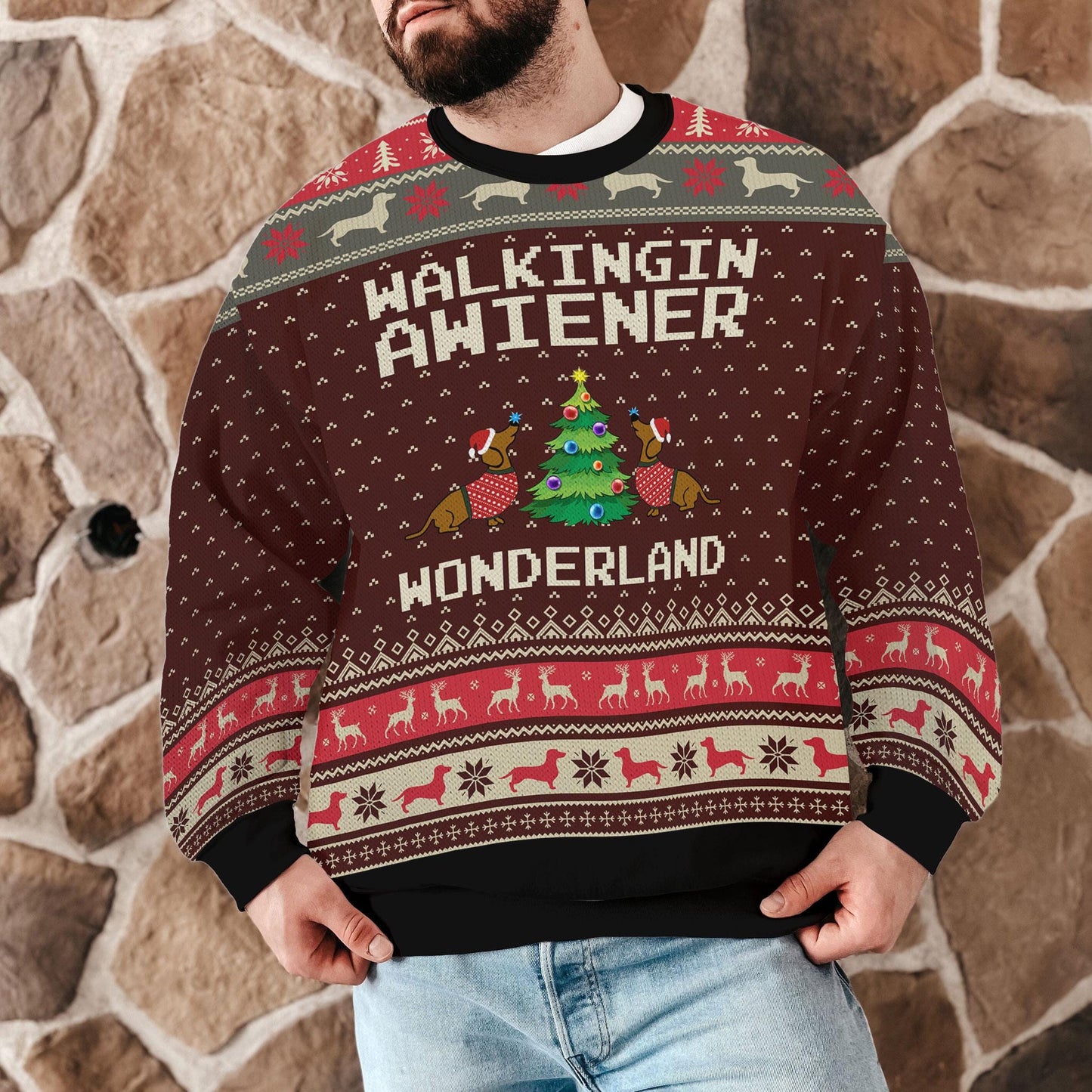 Walking in a Wiener Wonderland Ugly Christmas Sweater, Funny Dachshund Sausage Dog Sweatshirt, Cute Wiener Dog Xmas Gift for Dog Lovers