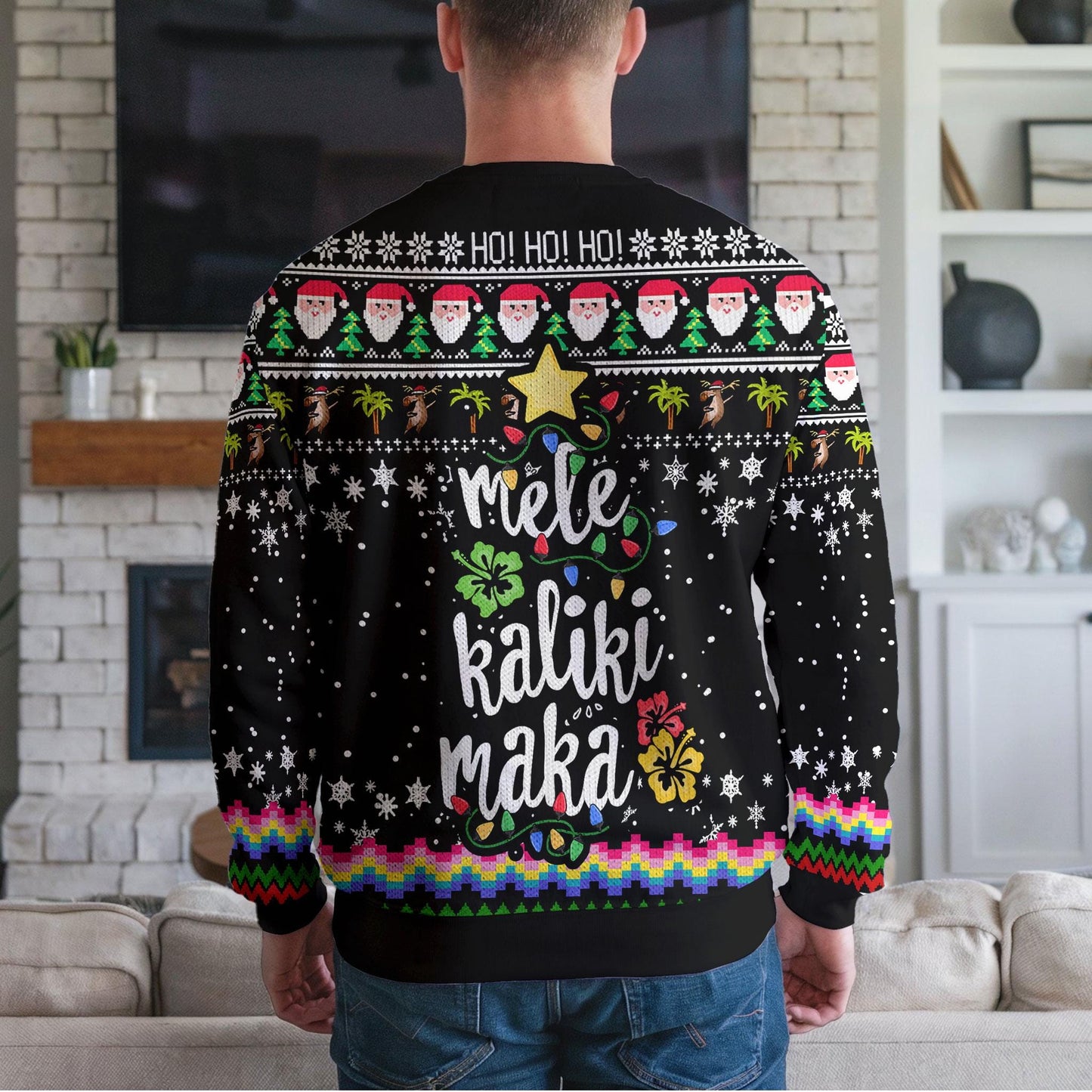 Mele Kalikimaka Christmas Sweater, Hawaiian Santa Ugly Christmas Sweatshirt with Palm Trees and Flamingo, Festive Holiday Party Outfit