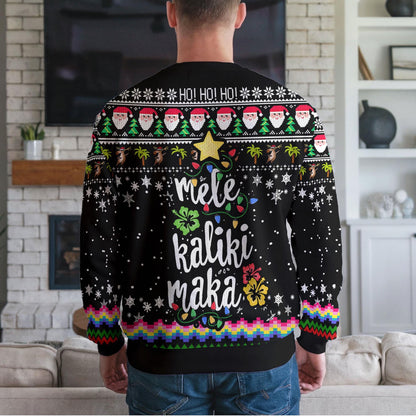 Mele Kalikimaka Christmas Sweater, Hawaiian Santa Ugly Christmas Sweatshirt with Palm Trees and Flamingo, Festive Holiday Party Outfit