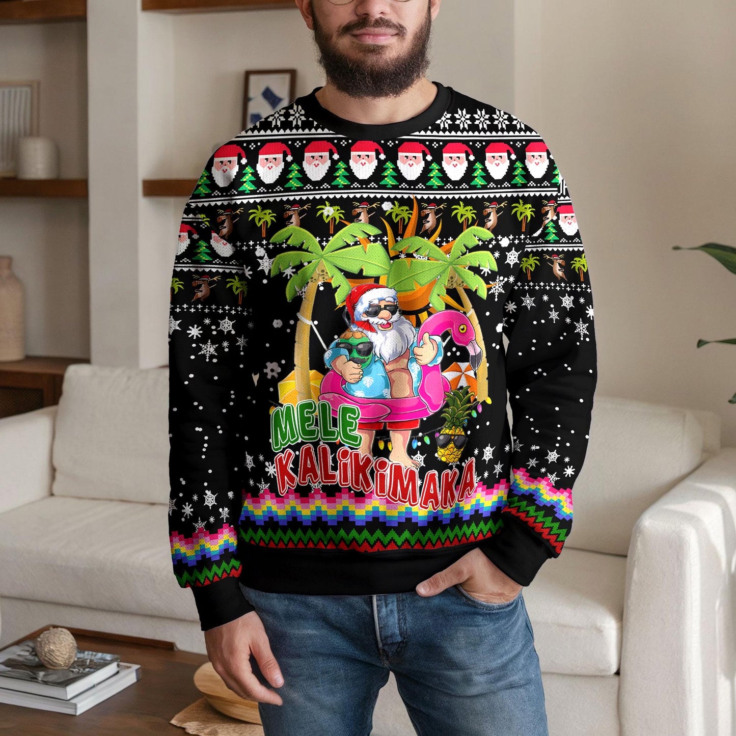 Mele Kalikimaka Christmas Sweater, Hawaiian Santa Ugly Christmas Sweatshirt with Palm Trees and Flamingo, Festive Holiday Party Outfit