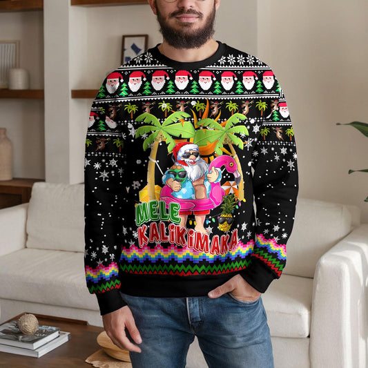 Mele Kalikimaka Christmas Sweater, Hawaiian Santa Ugly Christmas Sweatshirt with Palm Trees and Flamingo, Festive Holiday Party Outfit