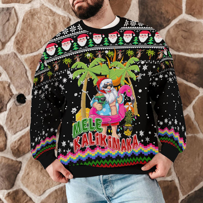 Mele Kalikimaka Christmas Sweater, Hawaiian Santa Ugly Christmas Sweatshirt with Palm Trees and Flamingo, Festive Holiday Party Outfit