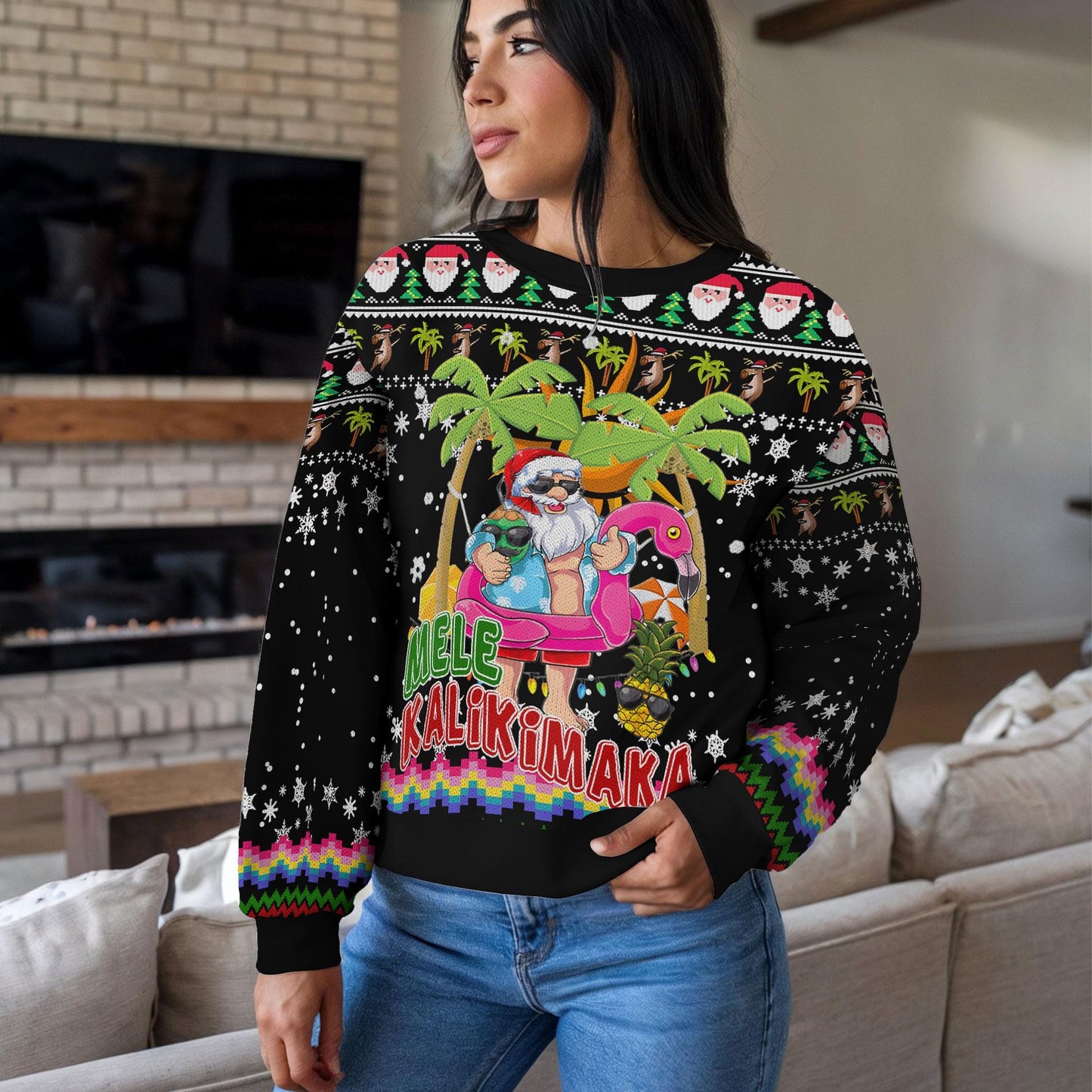 Mele Kalikimaka Christmas Sweater, Hawaiian Santa Ugly Christmas Sweatshirt with Palm Trees and Flamingo, Festive Holiday Party Outfit