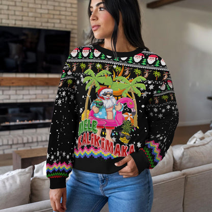 Mele Kalikimaka Christmas Sweater, Hawaiian Santa Ugly Christmas Sweatshirt with Palm Trees and Flamingo, Festive Holiday Party Outfit
