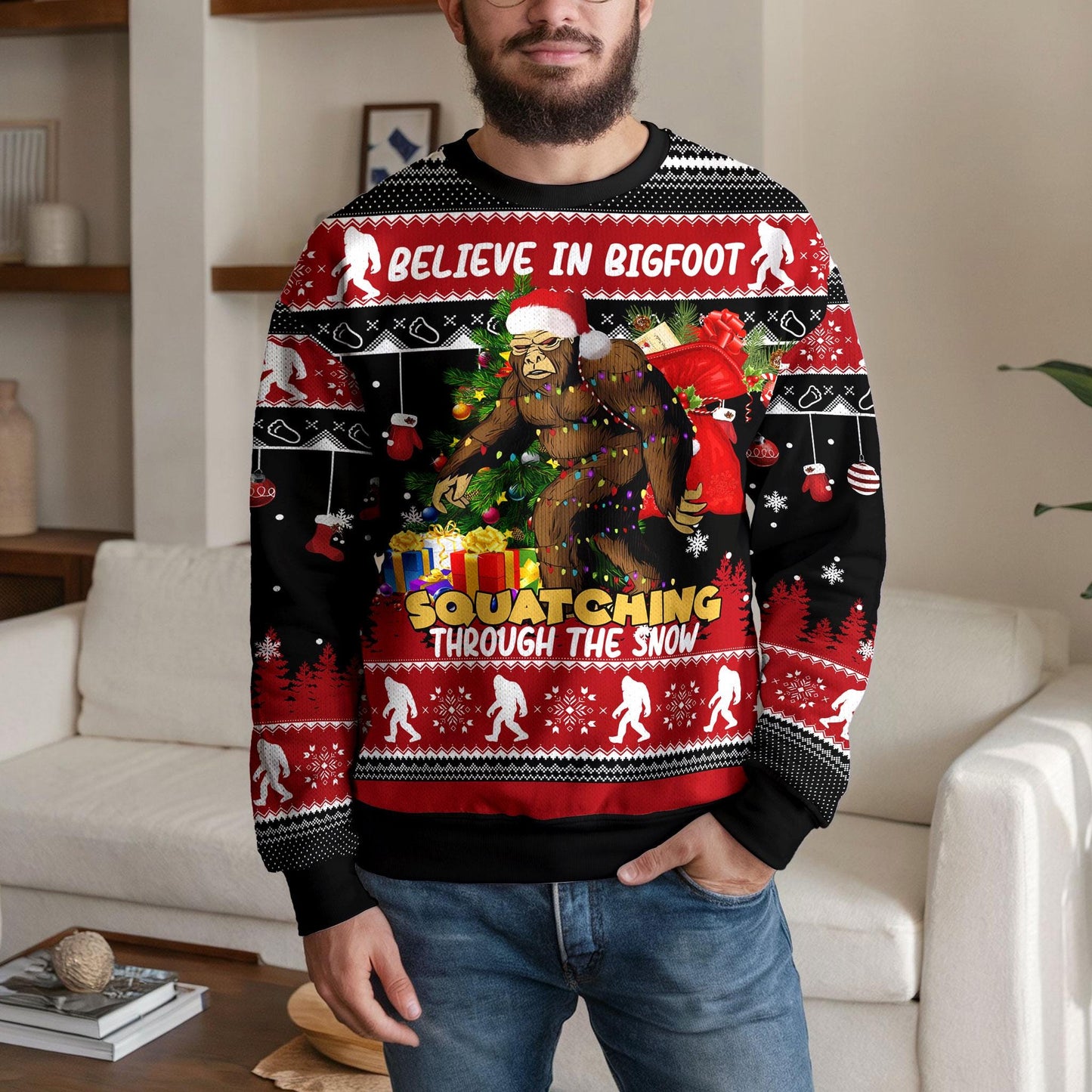 Bigfoot Ugly Christmas Sweater, Funny Sasquatch Squatching Through the Snow Ugly Xmas Sweatshirt, Believe in Bigfoot Holiday Party Outfit