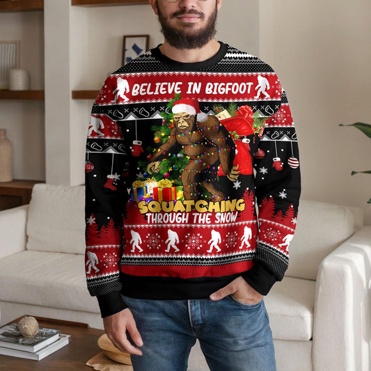 Bigfoot Ugly Christmas Sweater, Funny Sasquatch Squatching Through the Snow Ugly Xmas Sweatshirt, Believe in Bigfoot Holiday Party Outfit